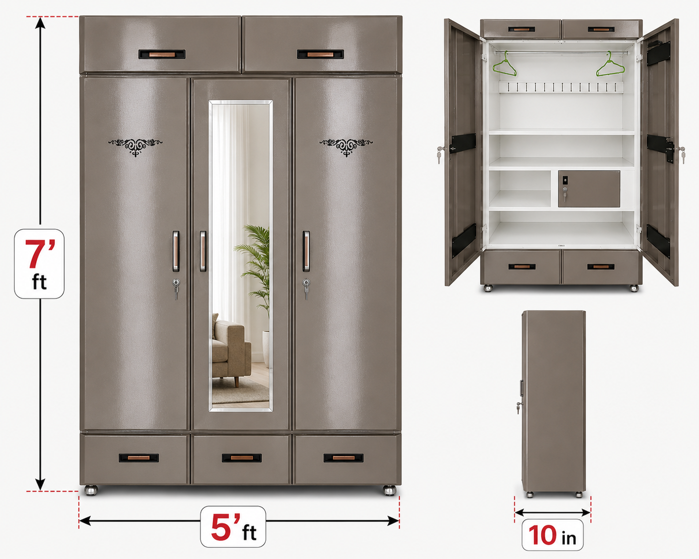 Steel Almirah with Mirror & Drawers - Image 2