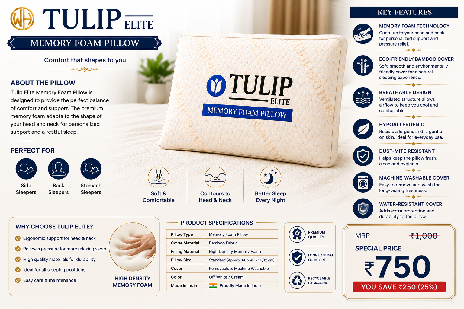 Tulip Elite Memory Foam Pillow - Image 2